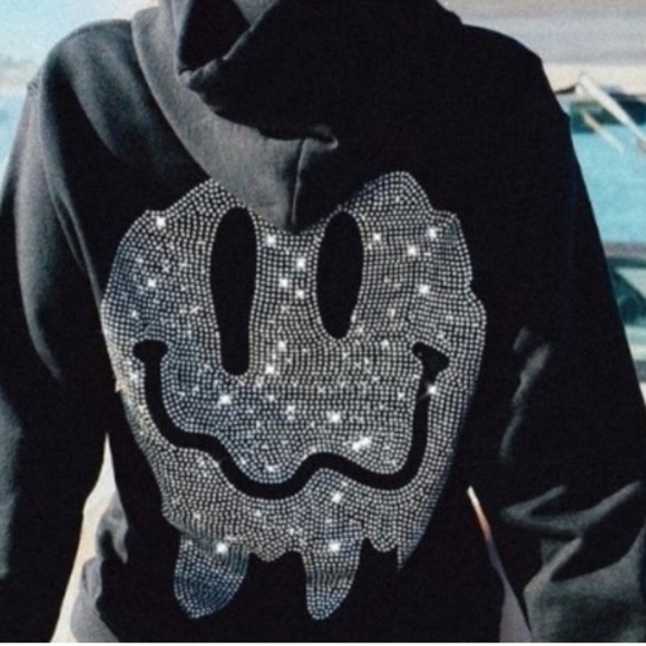 YOURS TRULY “FAKE SMILES” PHORA Fleece Hoodie Medium Black Silver Rhinestones - Picture 9 of 10